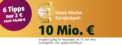 GUTSCHEIN: <b>73 Mio €</b> im EuroJackpot - 6 Tippfelder für nur 2€ GUTSCHEIN: <b>73 Mio €</b> im EuroJackpot - 6 Tippfelder für nur 2€